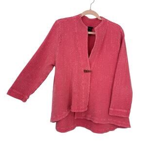 Focus Waffle knit Cardigan Jacket Size Large Pink Big Button Artsy Lagenlook